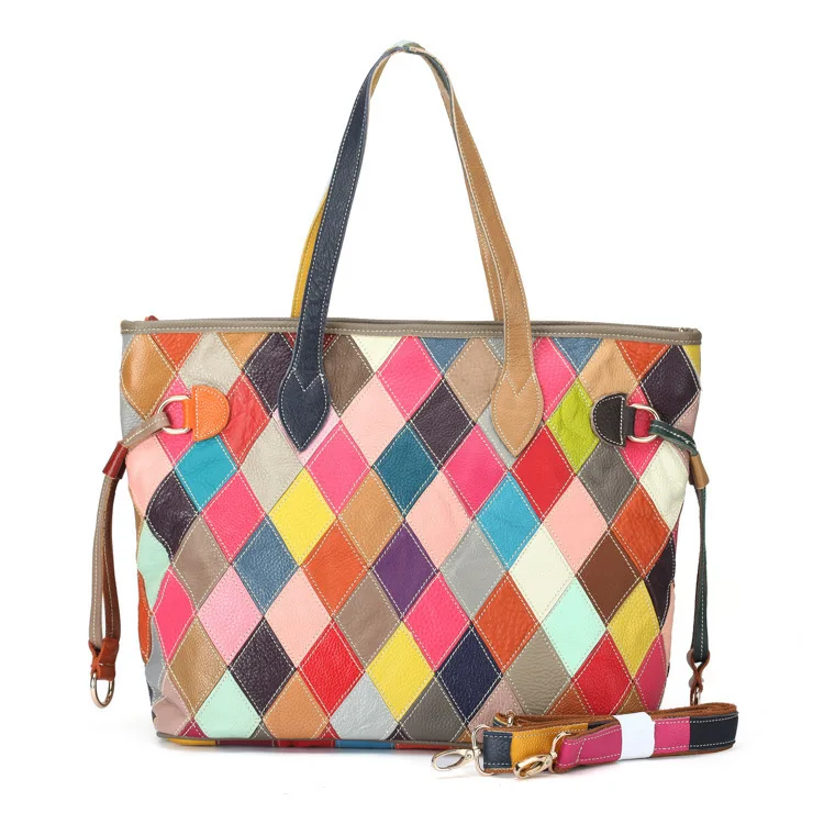 

Genuine Leather Luxury Designer Top-Handle Handbags Colorful Patchwork Cowhide Women Tote Shoulder Bag Lady Crossbody Bags XY02