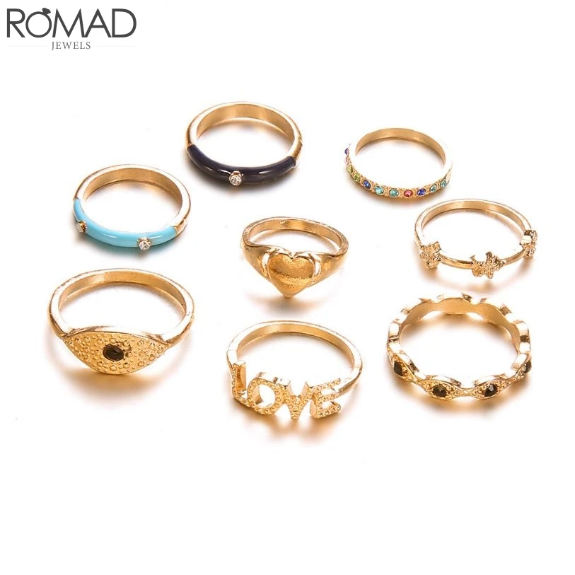 

ROMAD 8Pcs/set Rings For Women Evil Eye Love Heart Star Crystal Ring Party Ring Set Bohemia Gold Girl Gift Jewelry anillo R5