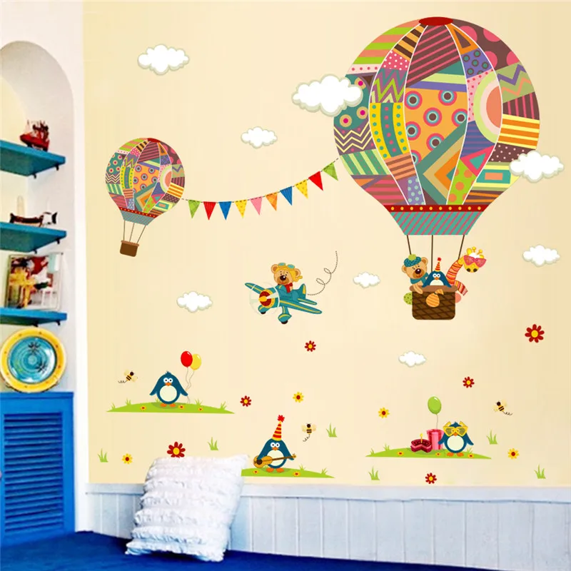 Красочные Горячие воздушные шары Лес Животные Детская комната стены стикеры медведь Жираф Детская комната Декор стены наклейки Плакат Фреска