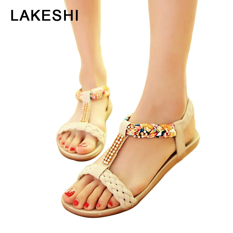 

QUANZIXUAN Bohemian New Women Sandals Summer Flat Shoes Woman Flip Flops Beach Sandals Rhinestone Female Shoes Large Size 41