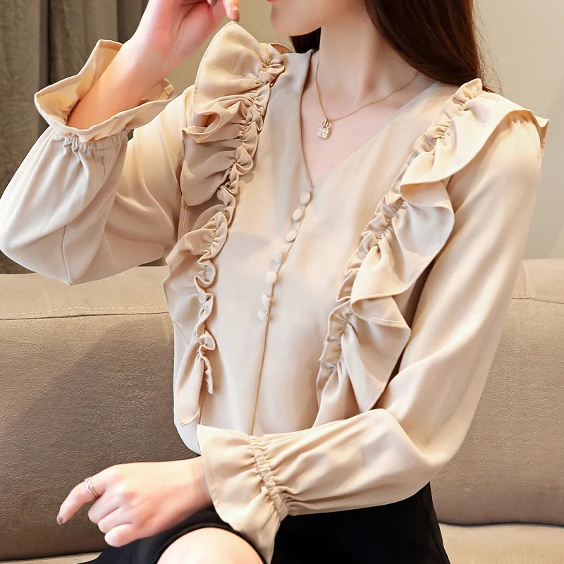 

2018 autumn Women Sexy V neck ruffle Blouses Slash Neck Long Sleeve Casual Tops Shirts flare sleeve office Blusas shirt 306i3