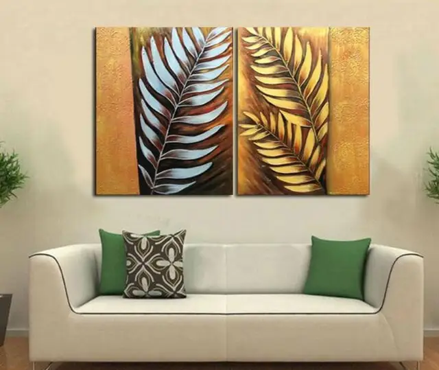 Handpainted 2 Pieces Canvas Art Abstract Metal Wall Silver Tree Leaf Handpainted 2 Pieces Canvas Art Abstract Metal Wall Silver Tree Leaf Oil Painting Modern Home Decoration