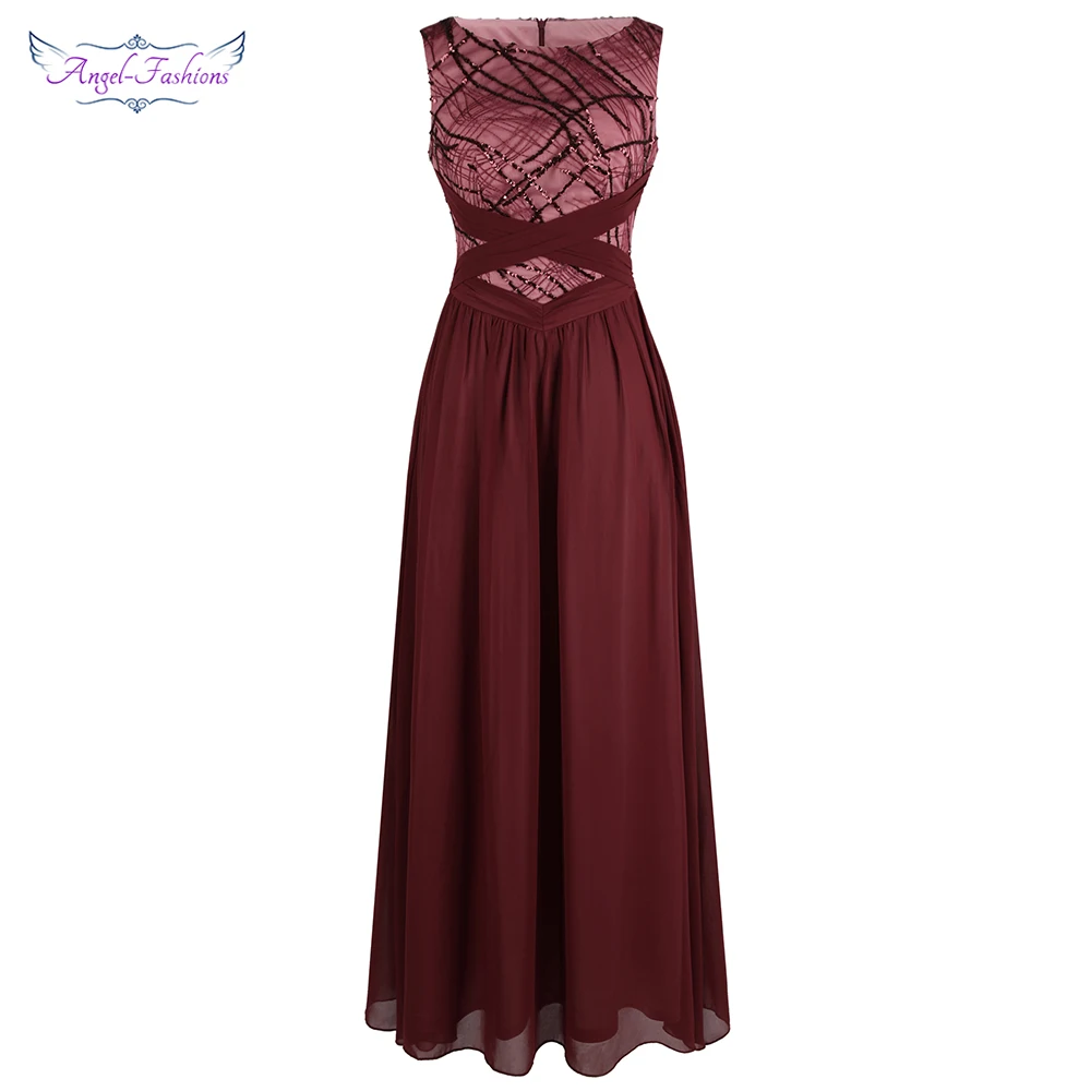 

Angel-fashions Women's Round Neck Pattern Sequin Criss-Cross Pleated Chiffon Long A-Line Evening Dress Wine Red J-190523-S