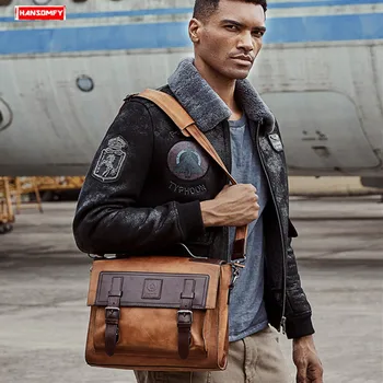 

Cowhide Leather Men's Handbag Retro Business Laptop Bag Briefcase Male Shoulder Messenger Bag First Layer of Leather Travel Bags