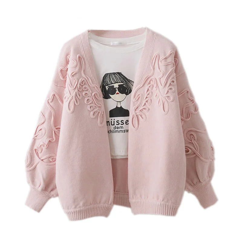 Short design sweater cardigan female 2017 spring fashion loose lantern sleeve embroidered sweater