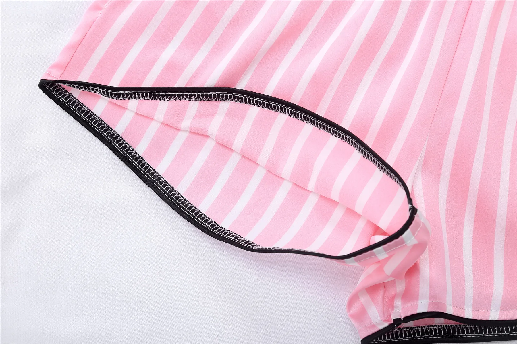 Pink Women's 7 Pieces Pajamas Sets Emulation Silk Striped Pajamas Women Homewear