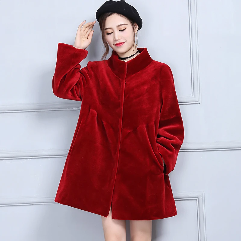Ayunsue Vestes Fourrure Et Moyen Manteau Manches Mouton De Naturel Des Outwear À Femmes Laine Chaud Manteaux Réel green Rouge Longues Wyq1565 noir D'hiver OwqOfgrY