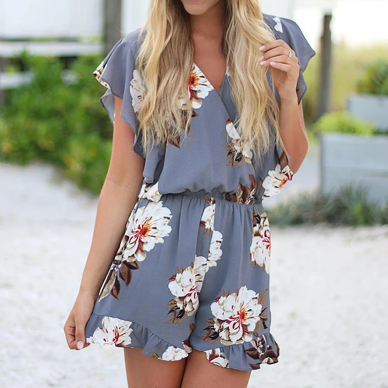 2019 Summer Fashion Floral Print Sexy V-neck Ruffled Women's jumpsuit Female Mini Holiday Casual Short Sleeve Playsuit Rompers 2019 Summer Fashion Floral Print Sexy V-neck Ruffled Women's jumpsuit Female Mini Holiday Casual Short Sleeve Playsuit Rompers