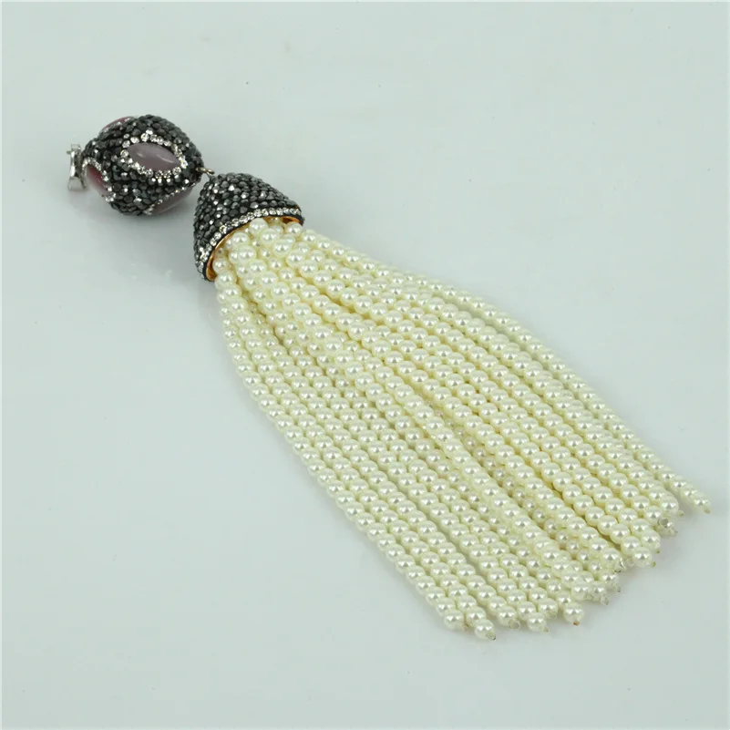 

bihemia white pearl beaded tassel pendant cutted natural black hematite beads chain purple stone connector necklace for women
