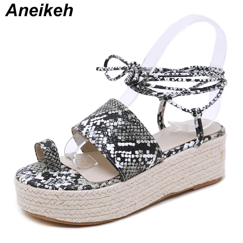 

Aneikeh New Snake Print Platform Wedge Sandals Summer Wear Bare Feet With Open Toe Waterproof Platform Straw Braided Sandals