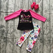 Осень-зима, Детские наряды для девочек на Хэллоуин, бутик, дети, падение, dead diva череп, горячие розовые штаны хлопковые комплекты вспомогательное оборудование, бант