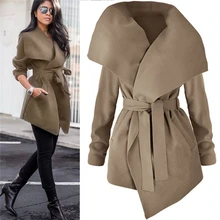 Женское теплое пальто с отложным воротником, модное женское пальто с поясом и карманами, тонкий однотонный длинный кардиган, верхняя одежда, зимнее пальто-Тренч