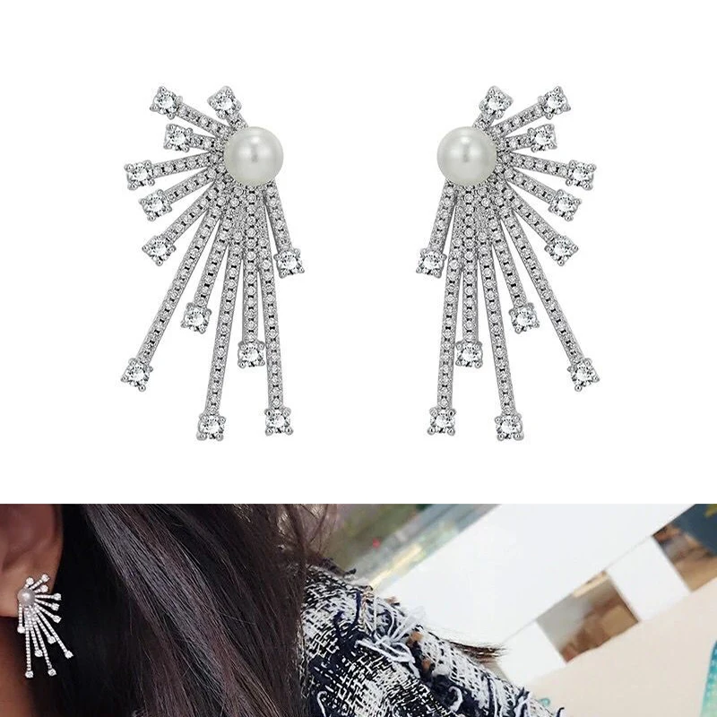 Новая мода жемчуг cz камень Микро зубец Установка Серебро Золото модные ювелирные изделия для женщин Искрящиеся блестящие серьги-гвоздики из кубического циркония ювелирные изделия