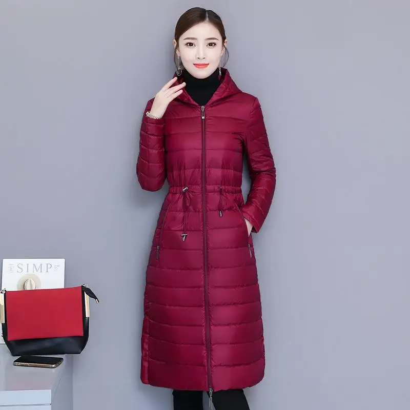 FTLZZ, зимнее пальто для женщин, белый, 90% утиный пух, куртка средней длины, тонкая парка с капюшоном, ультра-светильник, пуховик, повседневная верхняя одежда - Цвет: Wine Red