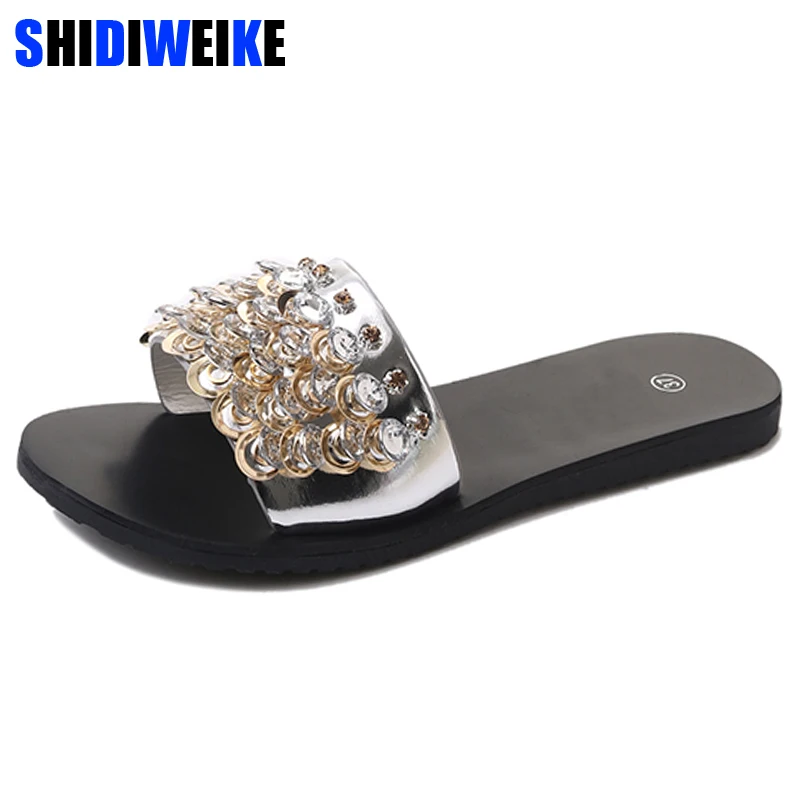 Bling Bling 2019 Summer Shoes Woman Fashion Diamond Flat Heels Female Cool Slippers Crystal 