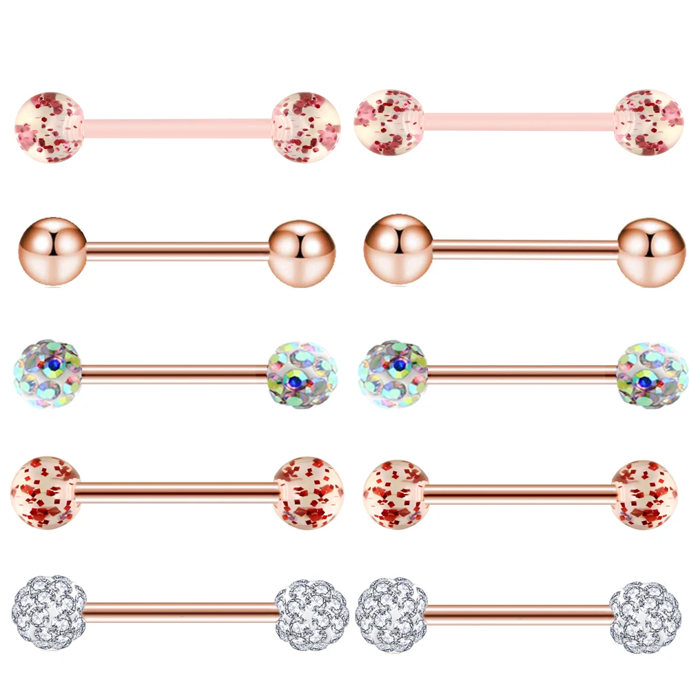 TIANCIFBYJS 10pcs/set Gold Rose Tongue Rings Stainless Steel Acrylic