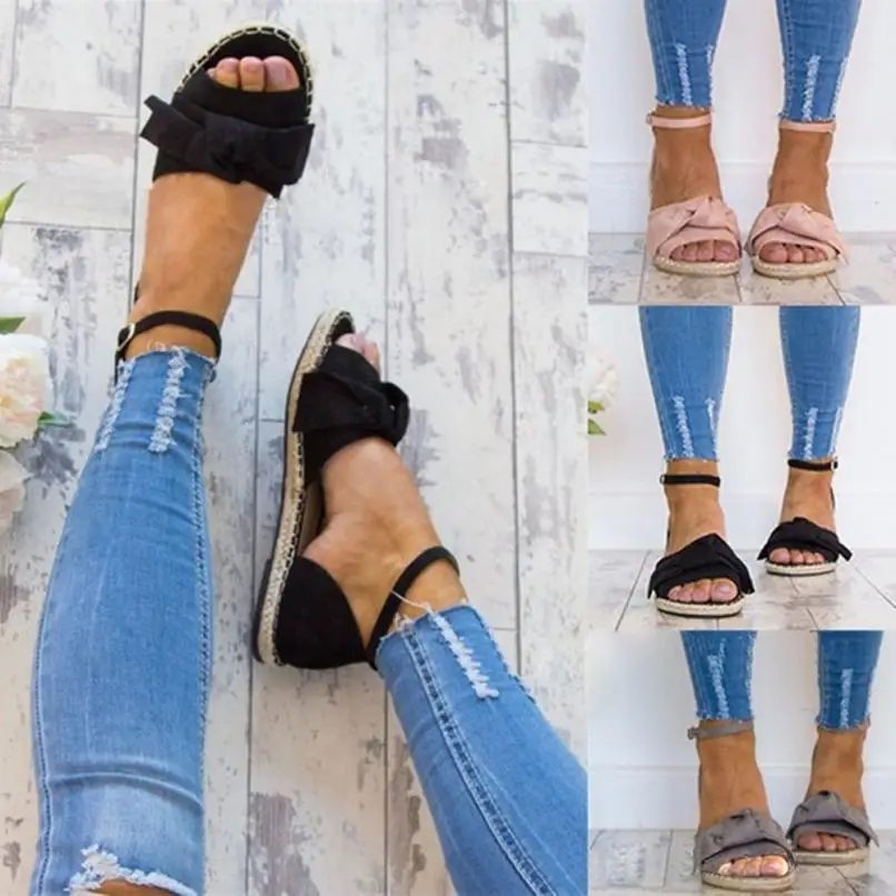 

YOUYEDIAN shoes women Women Fashion Solid Color Flock Peep Toe Bow Flat Heel Hasp Sandals sandalias mujer 2018 #A3