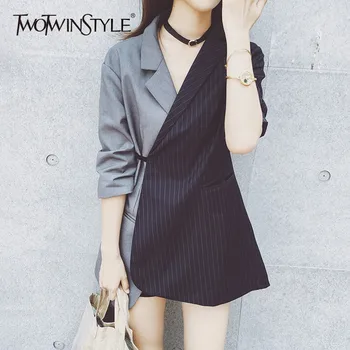 

TWOTWINSTYLE Patchwork Blazer For Women Striped Lace Up Tunic Long Sleeve Asymmetrical Coat Female Summer Fashion OL Clothing