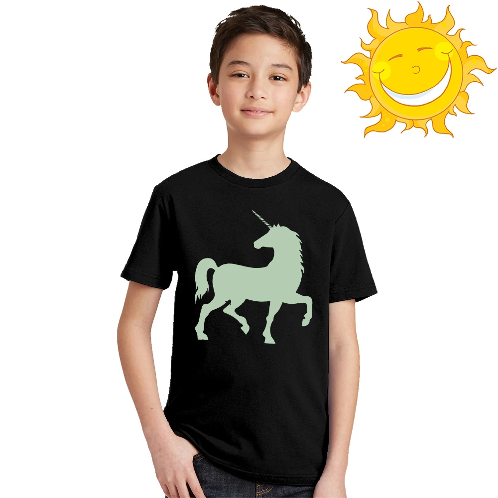 Светящаяся модная крутая Детская летняя футболка с единорогом для мальчиков и девочек светящаяся в темноте футболка для подростков повседневные флуоресцентные футболки 49D2