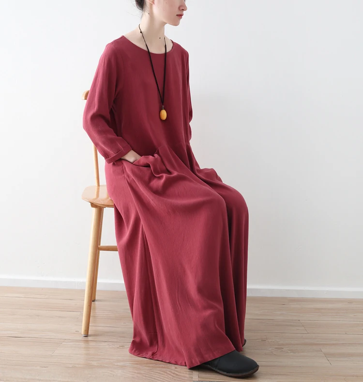 Plus Size Women Solid Black Red Dress Pockets Autumn New Casual Cotton Linen Loose O-Neck Vintage Long Sleeve Maxi Dress