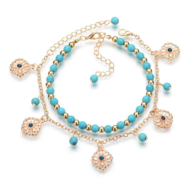 2021 Summer Sexy Gold Chain Foot Turquoises Anklets for Women Love Barefoot Sandals 2-Layer Ankle Bracelets Jewelry | Украшения и