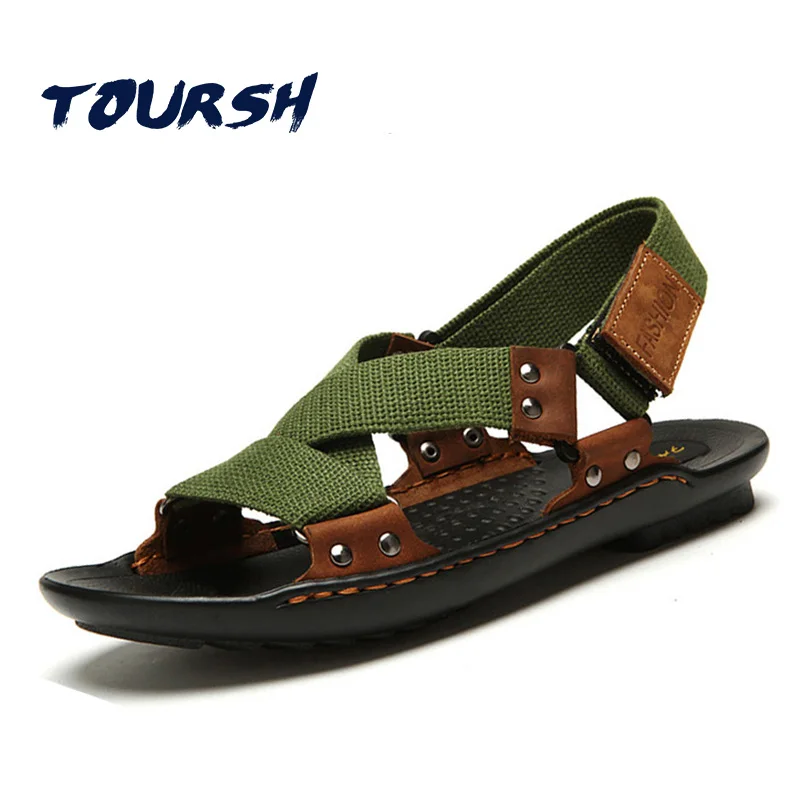 TOURSH Genuine Leather Sandals Men Summer Beach Shoes Sandals Designers Men Sandals Slippers For