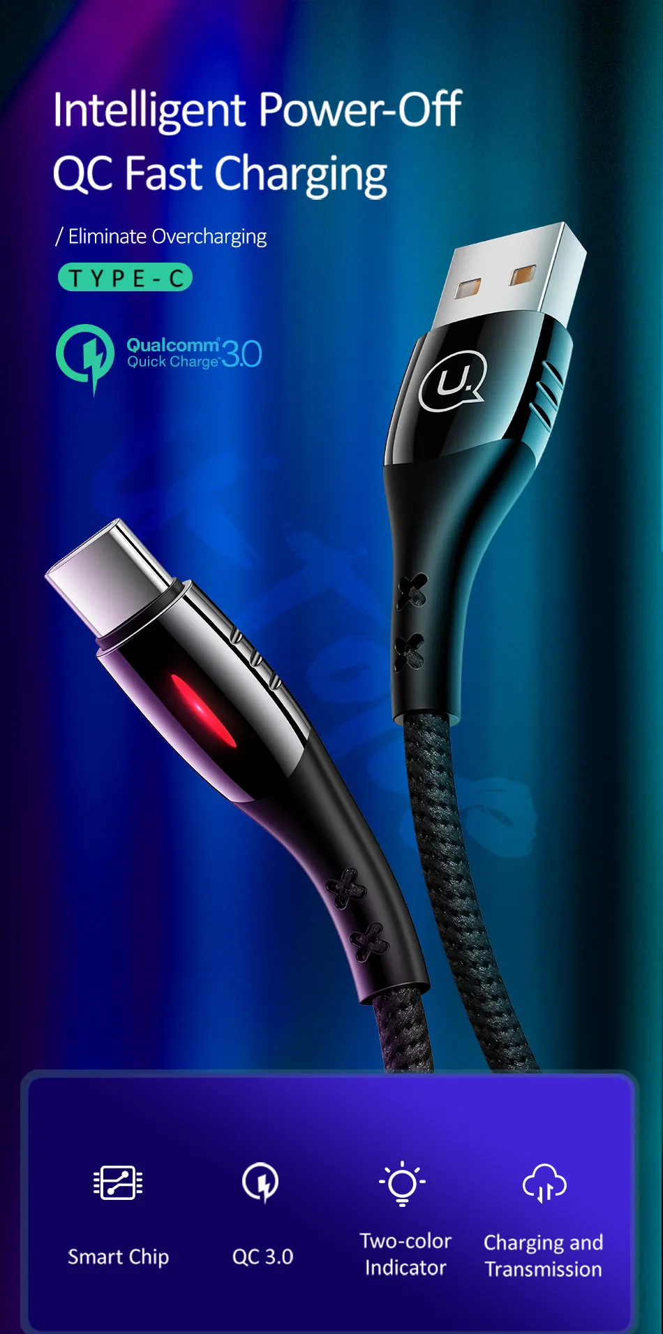 USAMS Тип usb C кабель интеллигентая(ый) Мощность Off QC3.0 кабель USB type-C функцией быстрой зарядки кабель для Xiaomi Тип type-C для передачи данных провод для Samsung huawei