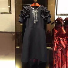 

2017 Designer Runway Dress HIGH Quality Newest Fashion Women's O-Neck Short Sleeve Luxury Beading Ruffles Dresses Vestidos