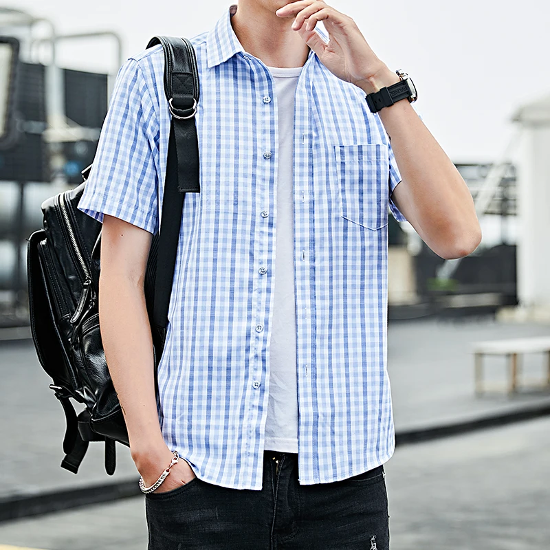 

LOLDEAL Blue Plaid Shirt Men Shirts New Summer Fashion Chemise Homme Mens Checkered Shirts Short Sleeve Shirt Men Blouse