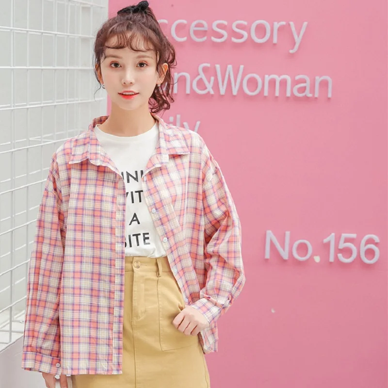Японский Harajuku Винтаж Plaid Button хлопковая блуза рубашка Для женщин уличная длинный