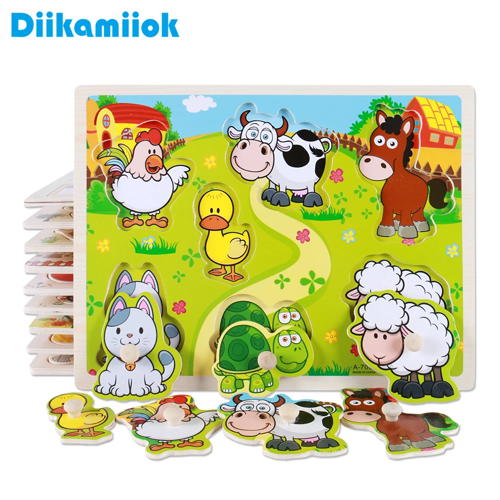 

New Kids Early Educational Toys Baby Hand Grasp Wooden Puzzle Toy Children Wood Jigsaw Animals and Digit Learning Education Toy