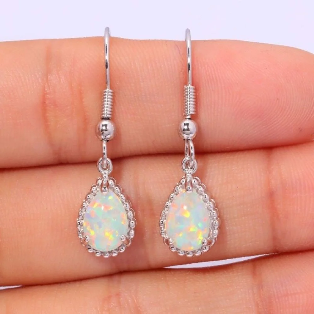 

Fashion Women Vintage White Fire Opal Wedding Women Dangle Drop Earrings Hoop Ear Earring Jewelry