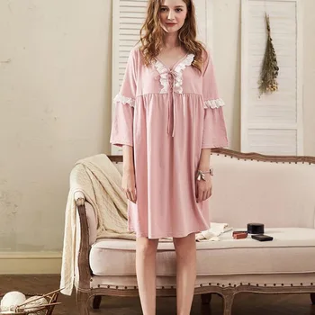 

New Long Sleeve Lace Pyjamas Cotton Sleeping Dress V-Neck Sexy Sleepwear Solid Night Dresses for Party Knee-Length Night Gown