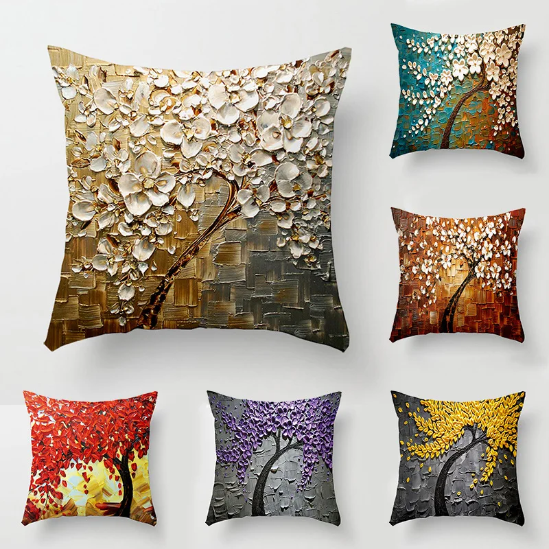 Retro Stereo Pillow Oil Painting Tree Flower Backrest Pillow Case Linen Cushion Throw Decorative