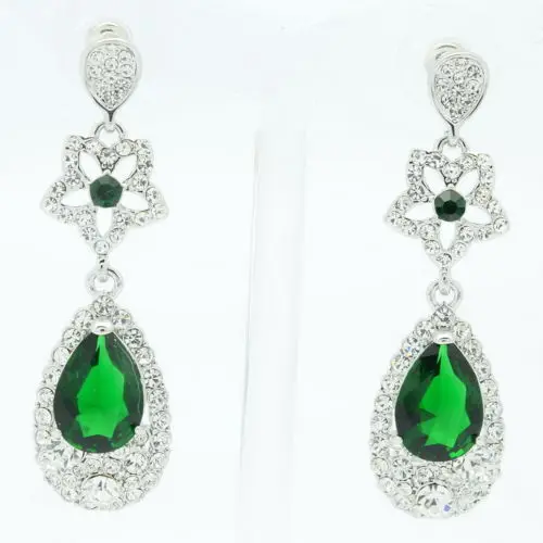 

New 2014 Silver Tone Wedding Earring Green Zircon Flower Water Drop Dangle Earring w/ Rhinestone Crystal Earring For Women 20602