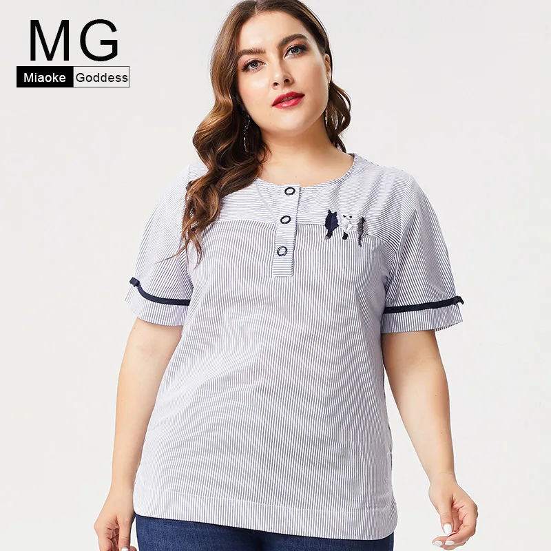 

2019 summer new large size simple round neck striped slim short sleeve casual fashion women's shirt pullover top Mom Clothing