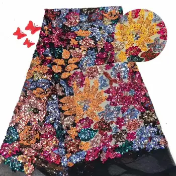 

Embroidered leaf pattern lace with colorful sequins hot selling African French tulle mesh lace fabric sequined fabric suitable