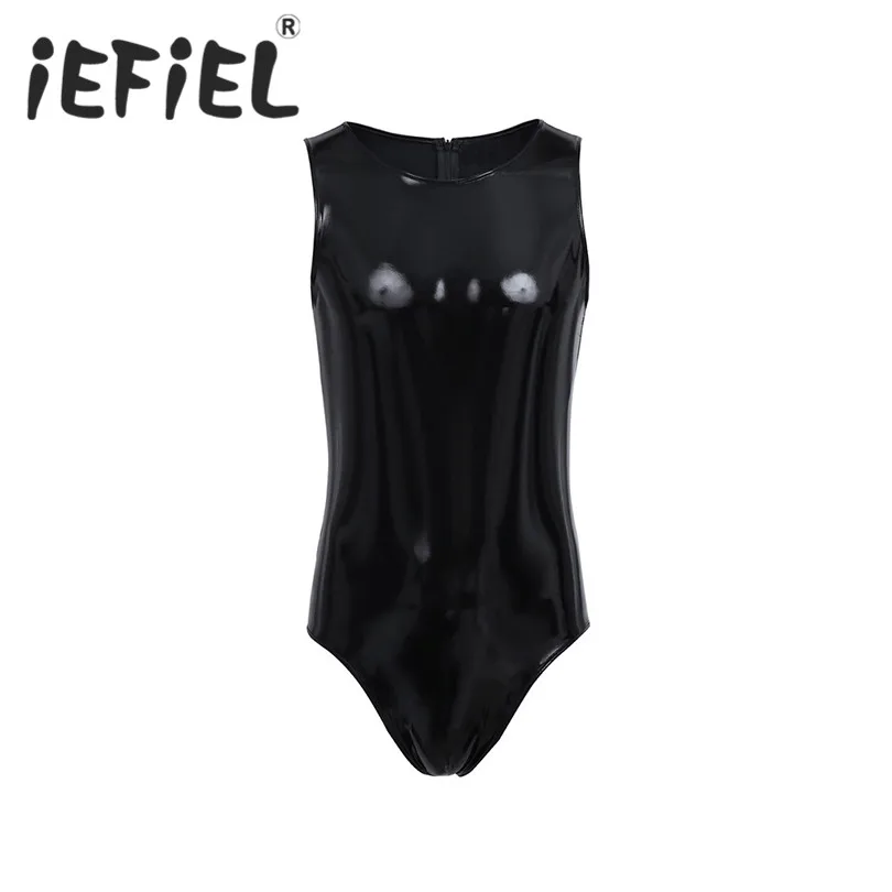 

iEFiEL Sleeveless Men Lingerie Catsuit Wetlook Patent Leather One-piece Leotard Back with Zipper Bodysuit Jumpsuit for Nightwear