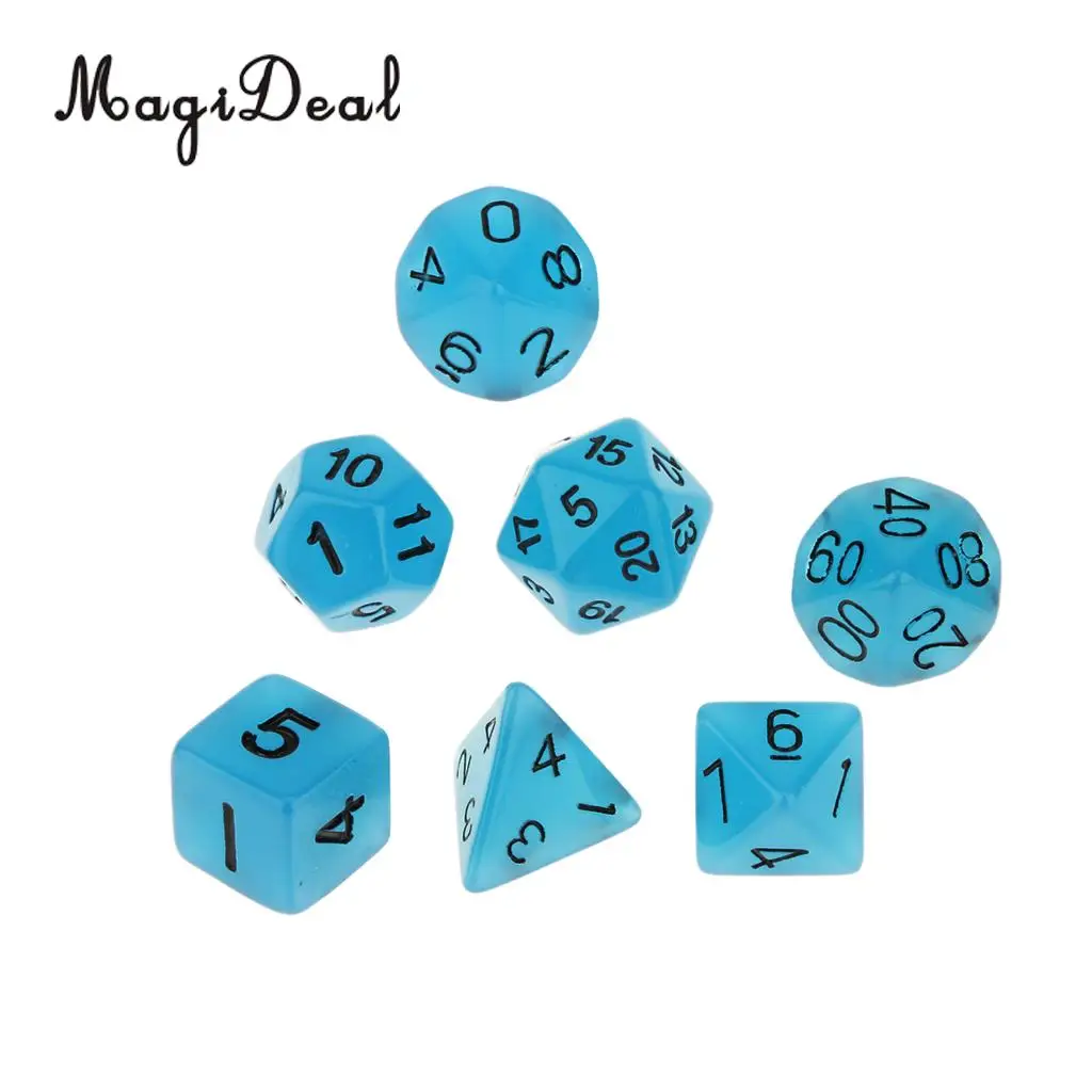 MagiDeal 7Pcs Acrylic Glow in Dark Dice D4 D6 D8 D10 D12 D20 D&D RPG Game Set for Funny Family Party Pub Board Games Accessory