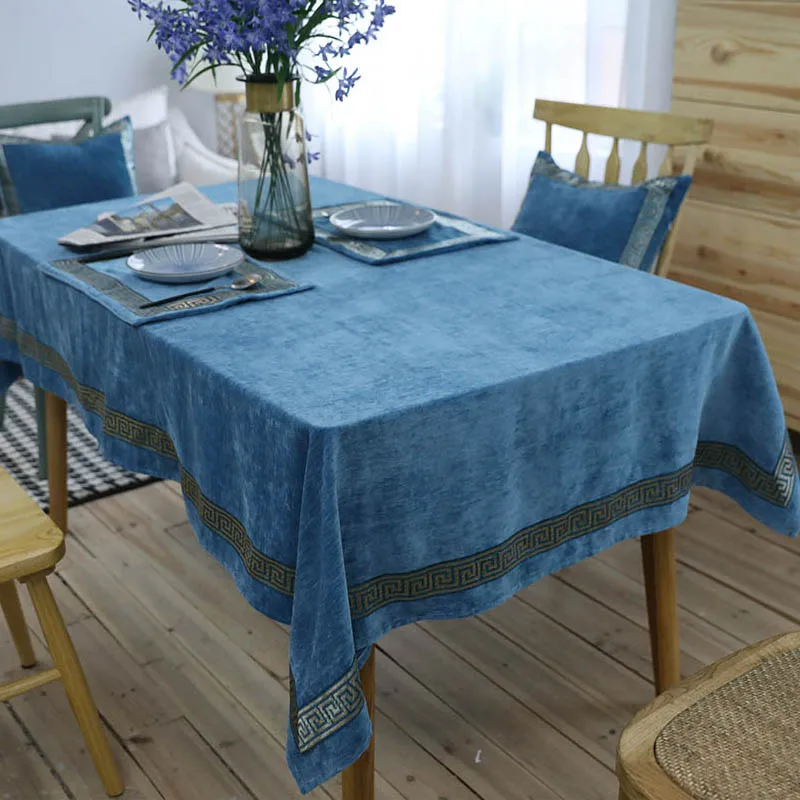 

Table Clothes Rectangular Table Covers Embroidered Corduroy Velvet Thick Blue White Tablecloth Decoration Towel