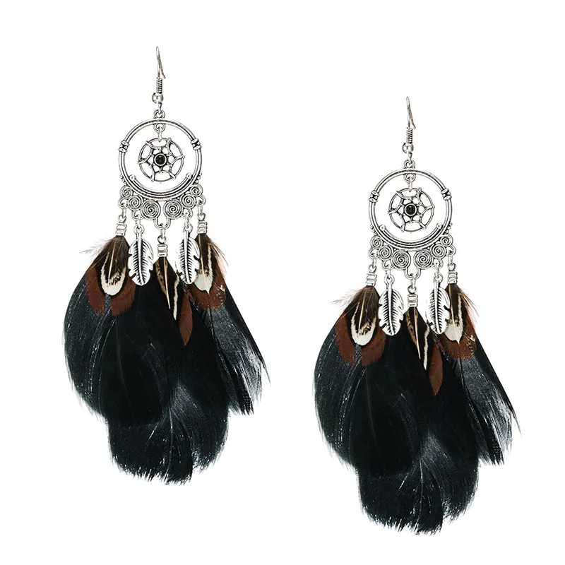 Для женщин из натуральных перьев Этническая Шарм Подвеска Висячие серьги-капли, Женская мода Jewelry свадьбу серьги - Окраска металла: black