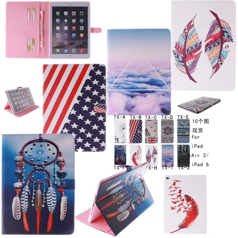 

Colorful Printed Wallet Case For Apple ipad Air 2 Case For ipad 6 Flip Stand Tablet Cover Clouds Flag With Card Holder Pockets