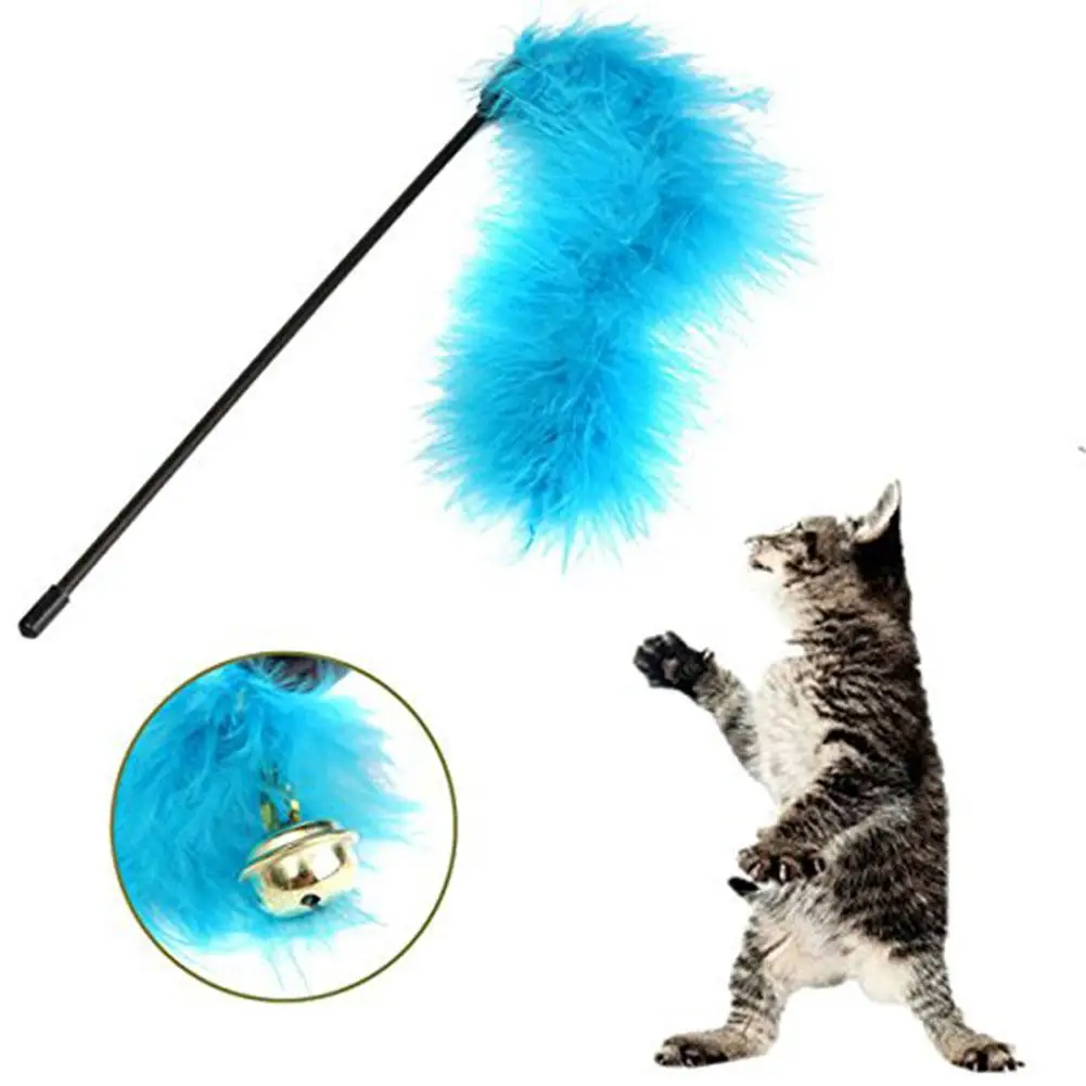 Adeeing Pet Cat Turkey Feather Teaser Toy Rod with Bell Pet Interactive