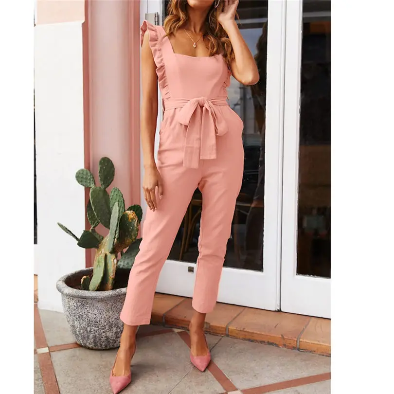 New Women's Summer Fashion Casual Linen Shirred Frill Sleeves Pockets Jumpsuit Ladies Belted Summer Holiday #4A25 (10)