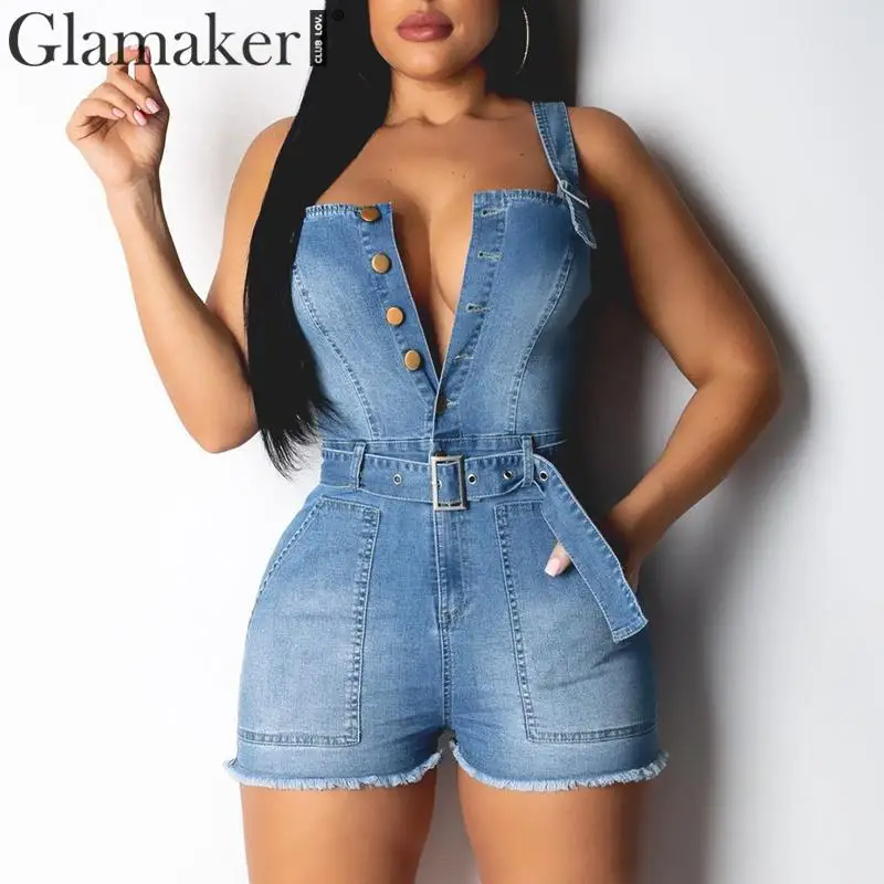 

Glamaker Buttons sexy blue denim jumpsuit short Women summer bodycon party club rompers Female belt strap jeans playsuit overall