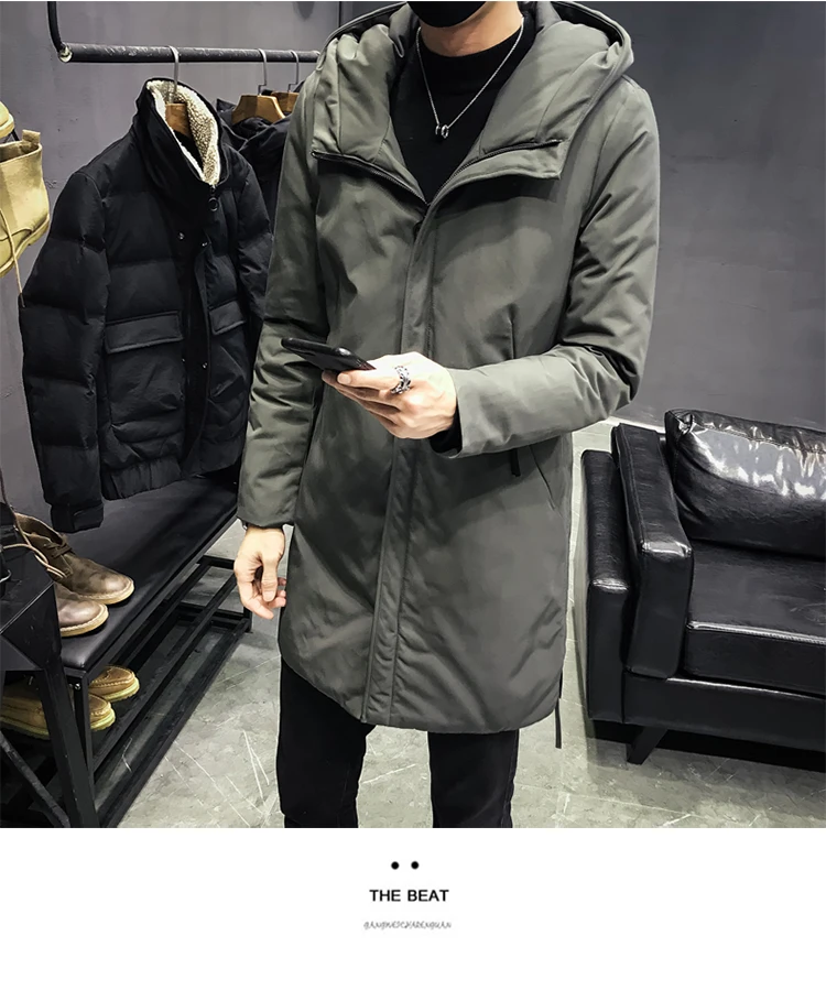 Winter Down Coat Male Fashion Casual Two Pocket Medium Long Duck Down Jacket Men New Solid Color Hooded Down Jacket JP188