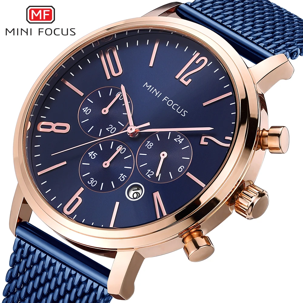 

MINI FOCUS Blue Watch Men Top Brand Luxury Quartz Analog Clock Mesh Strap 3 Dials 6 Hands Fashion Multi-function Wristwatch