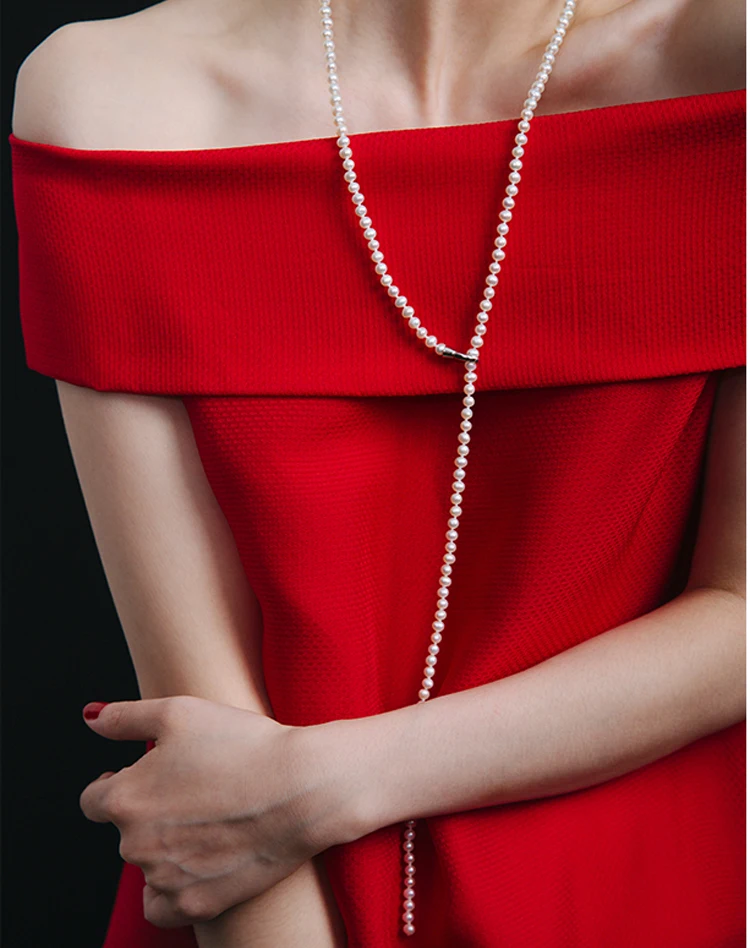 Длинное ожерелье из натурального пресноводного жемчуга для женщин, модное Настоящее маленькое белое жемчужное ожерелье 85 см, хороший подарок, хорошее ювелирное изделие