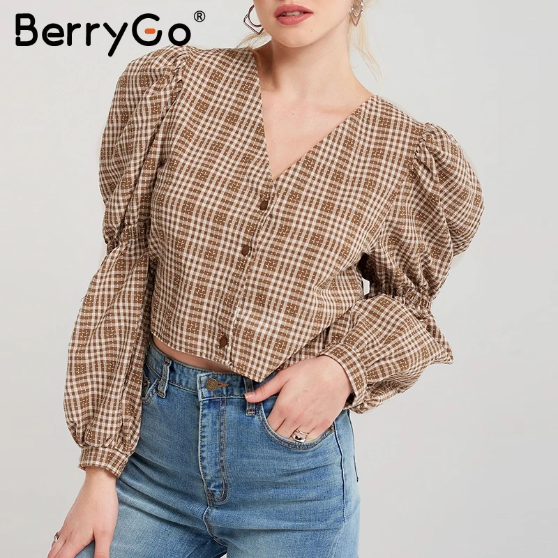 BerryGo Vintage клетчатая рубашка женская sexy блузка спинка зашнуровать женский топ