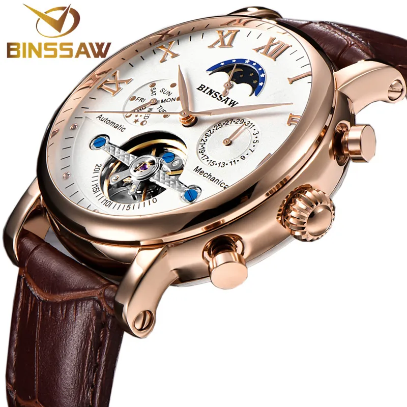 BINSSAW Men Mechanical Watch Automatic Tourbillon Business Casual Leather Calendar Moon Phase Sports Watches Relogio Masculino